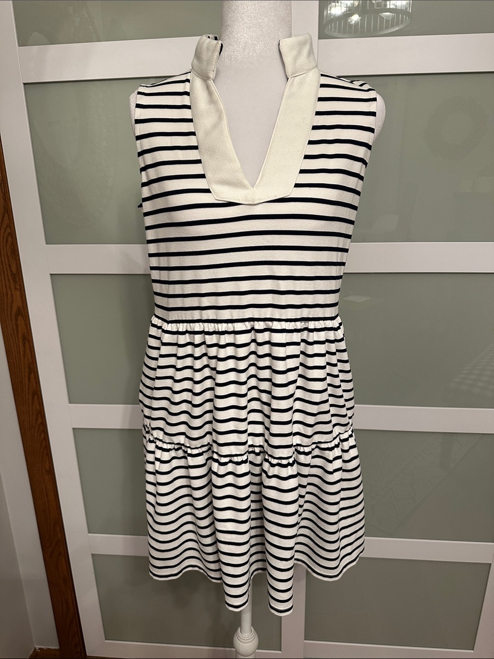 Striped Sleeveless V-Neck Tiered Dress in Ivory & black